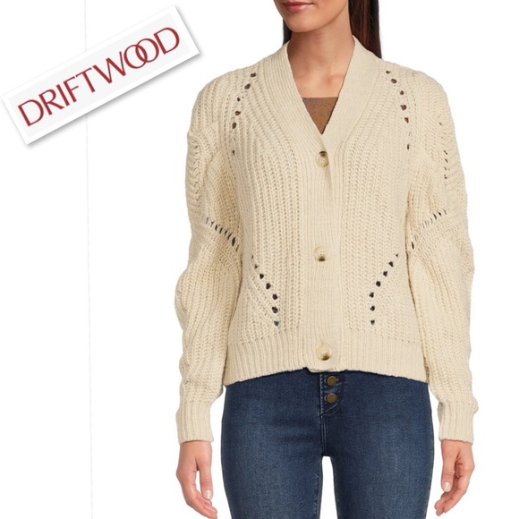 NWT Driftwood Emie Balloon Barrel Sleeve Button V-Neck Front Cardigan Ivory Sz S - Picture 3 of 12